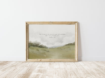 Christian Art - Vintage Landscape with Bible Verse - Matthew 11:28