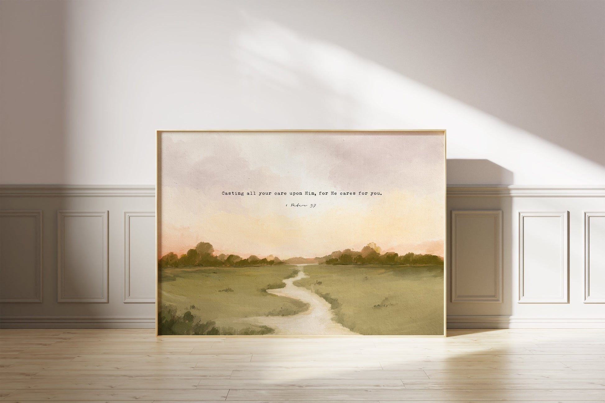 Christian Art | Vintage Landscape with Scripture 1 Peter 5:7 "Casting Your Cares"