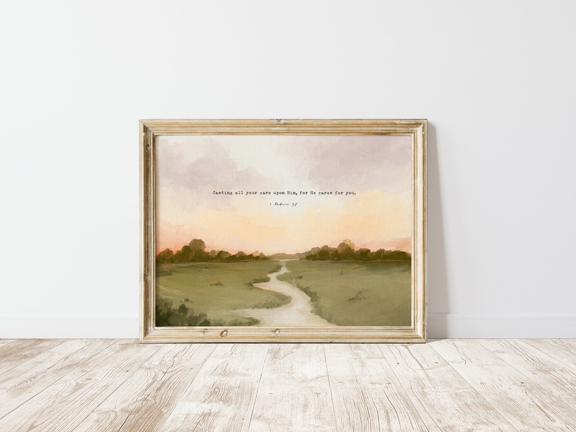 Christian Art | Vintage Landscape with Scripture 1 Peter 5:7 "Casting Your Cares"