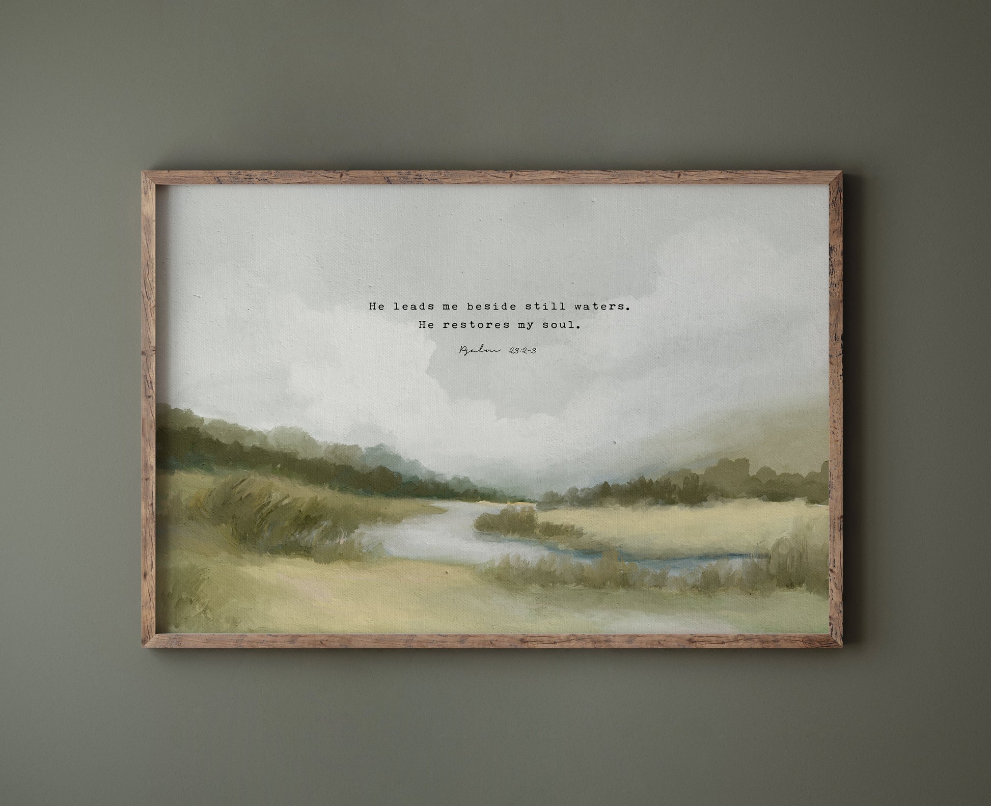 Christian Art | Vintage Landscape with Scripture Psalm 23 "Still Waters"