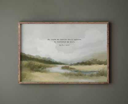 Christian Art | Vintage Landscape with Scripture Psalm 23 "Still Waters"