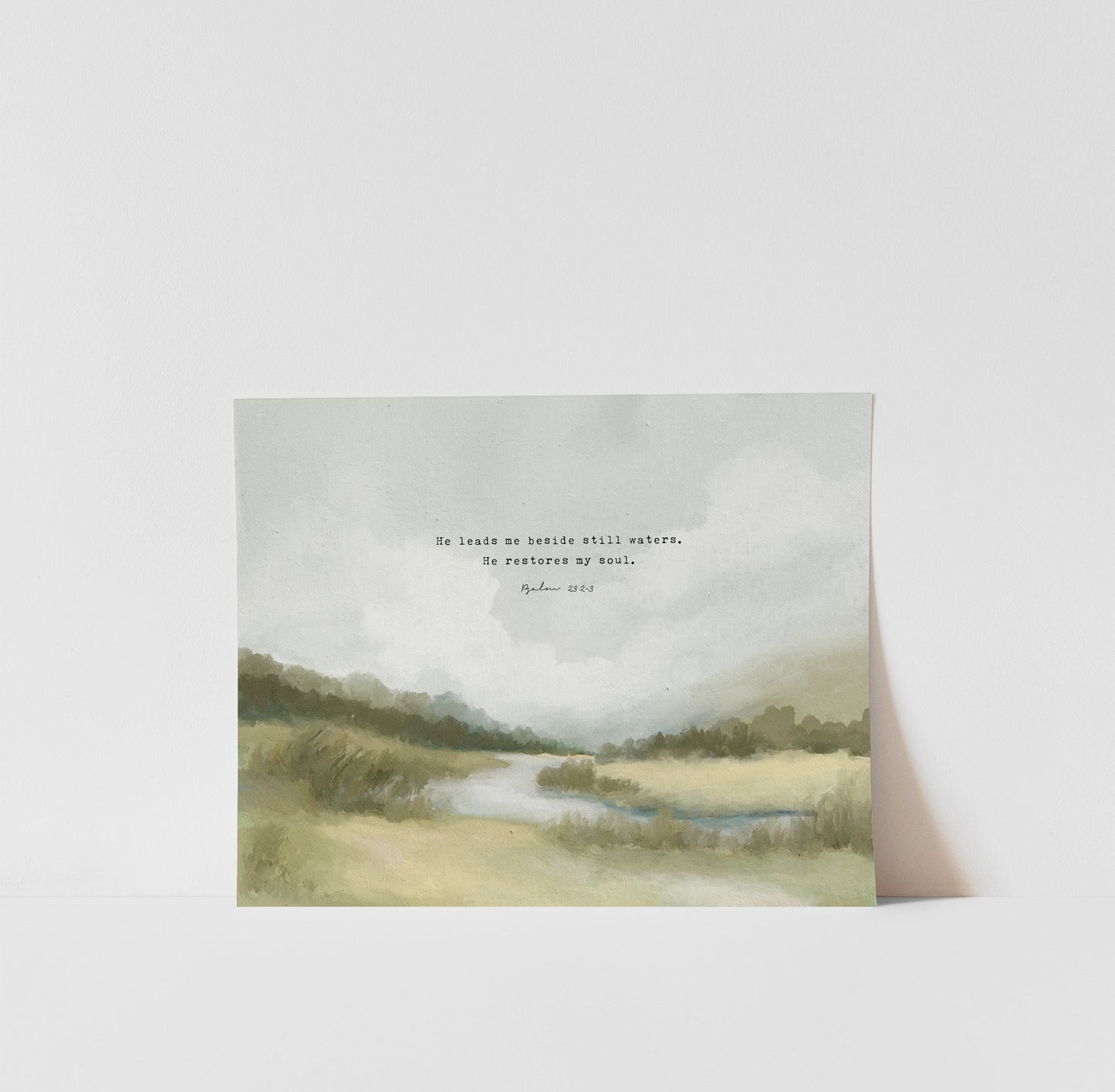 Christian Art | Vintage Landscape with Scripture Psalm 23 "Still Waters"