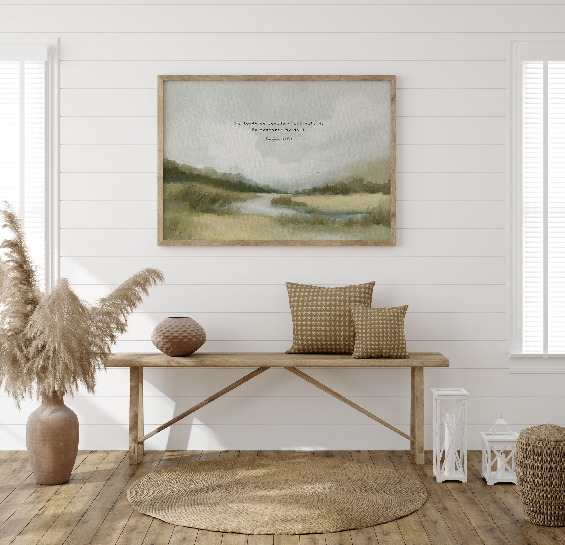 Christian Art | Vintage Landscape with Scripture Psalm 23 "Still Waters"