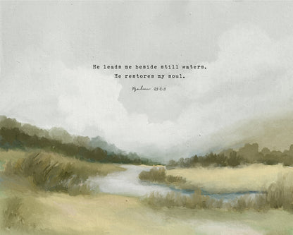 Christian Art | Vintage Landscape with Scripture Psalm 23 "Still Waters"