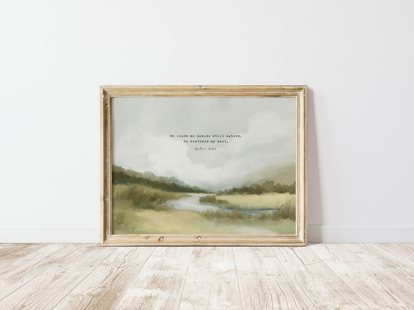 Christian Art | Vintage Landscape with Scripture Psalm 23 "Still Waters"