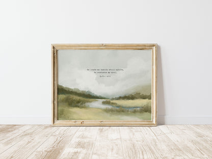 Christian Art | Vintage Landscape with Scripture Psalm 23 "Still Waters"