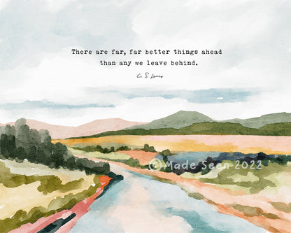 Christian Art Watercolor Landscape - C S Lewis Quote