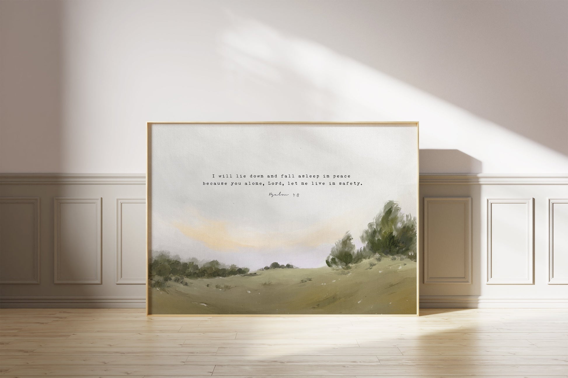 Modern Christian Art | Vintage Landscape with Psalm 4:8