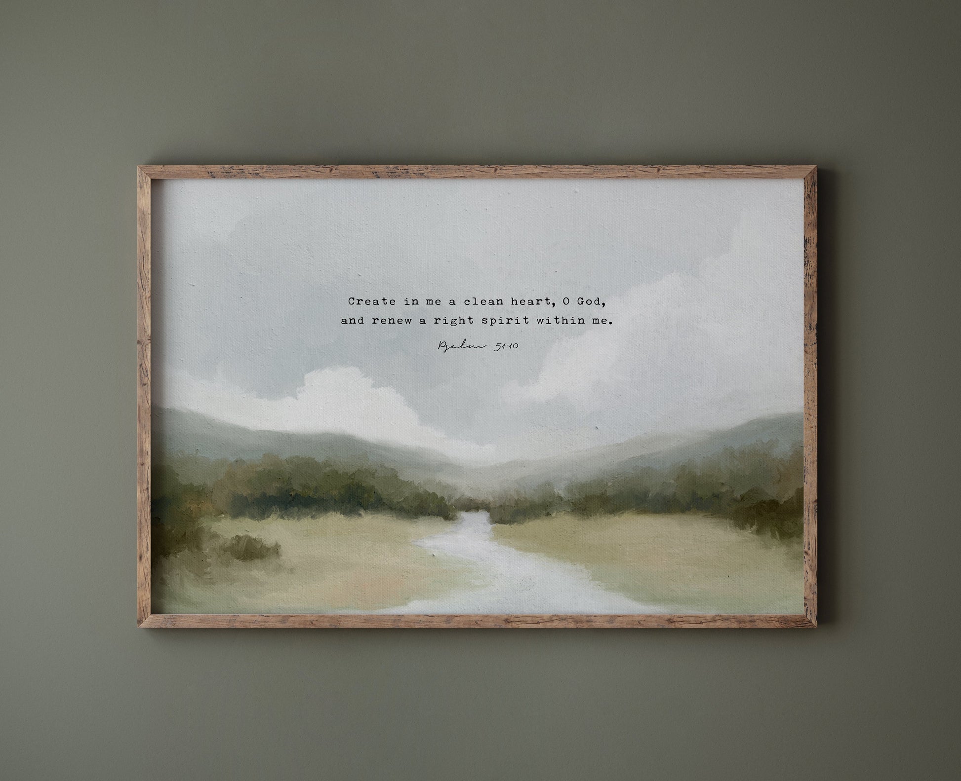 Modern Christian Art | Vintage Landscape with Psalm 51:10