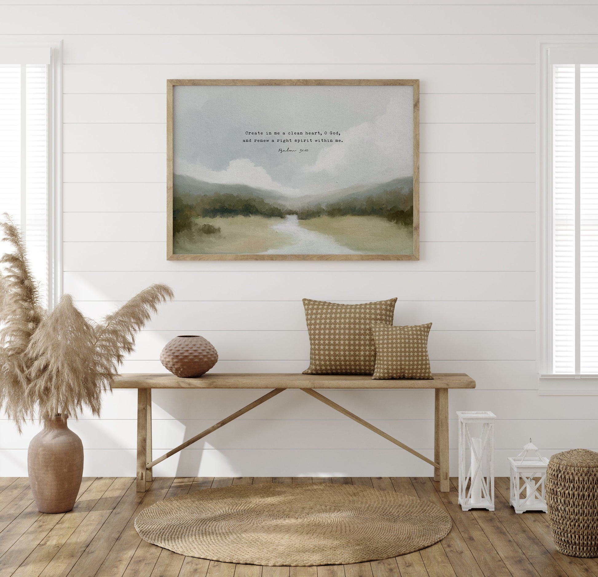 Modern Christian Art | Vintage Landscape with Psalm 51:10