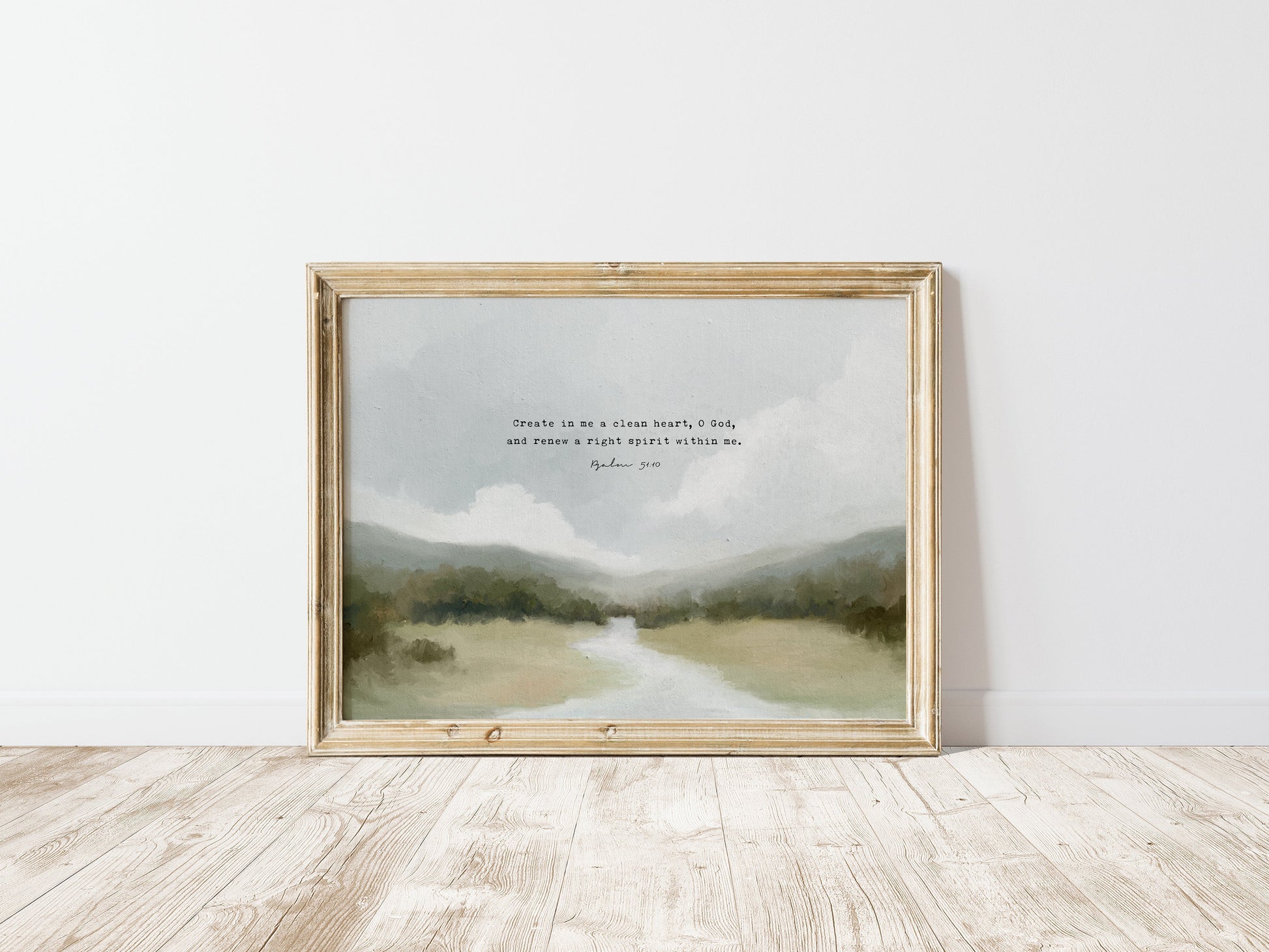 Modern Christian Art | Vintage Landscape with Psalm 51:10