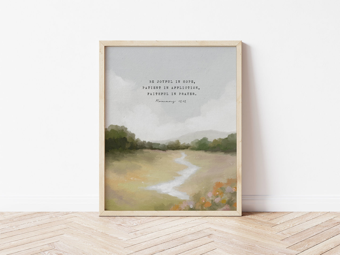 Modern Christian Art | Vintage Landscape with Romans 12:12