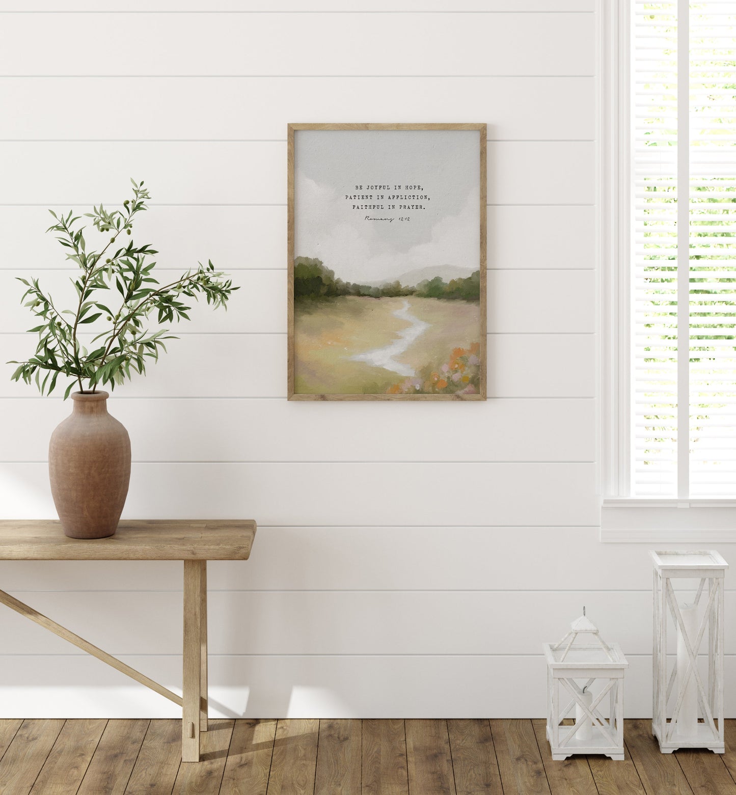 Modern Christian Art | Vintage Landscape with Romans 12:12