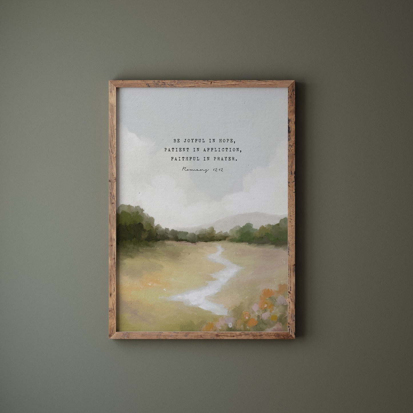 Modern Christian Art | Vintage Landscape with Romans 12:12