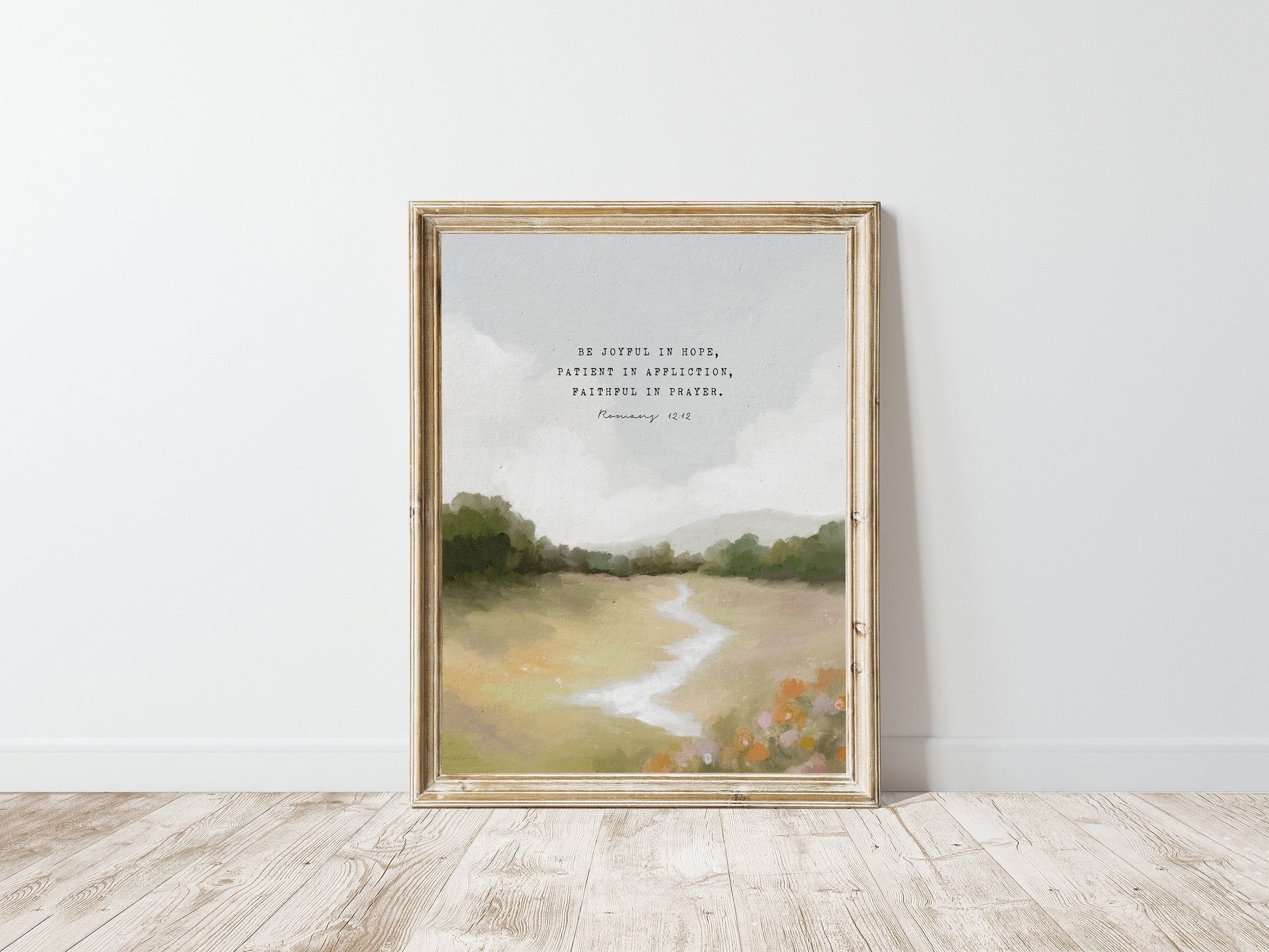 Modern Christian Art | Vintage Landscape with Romans 12:12