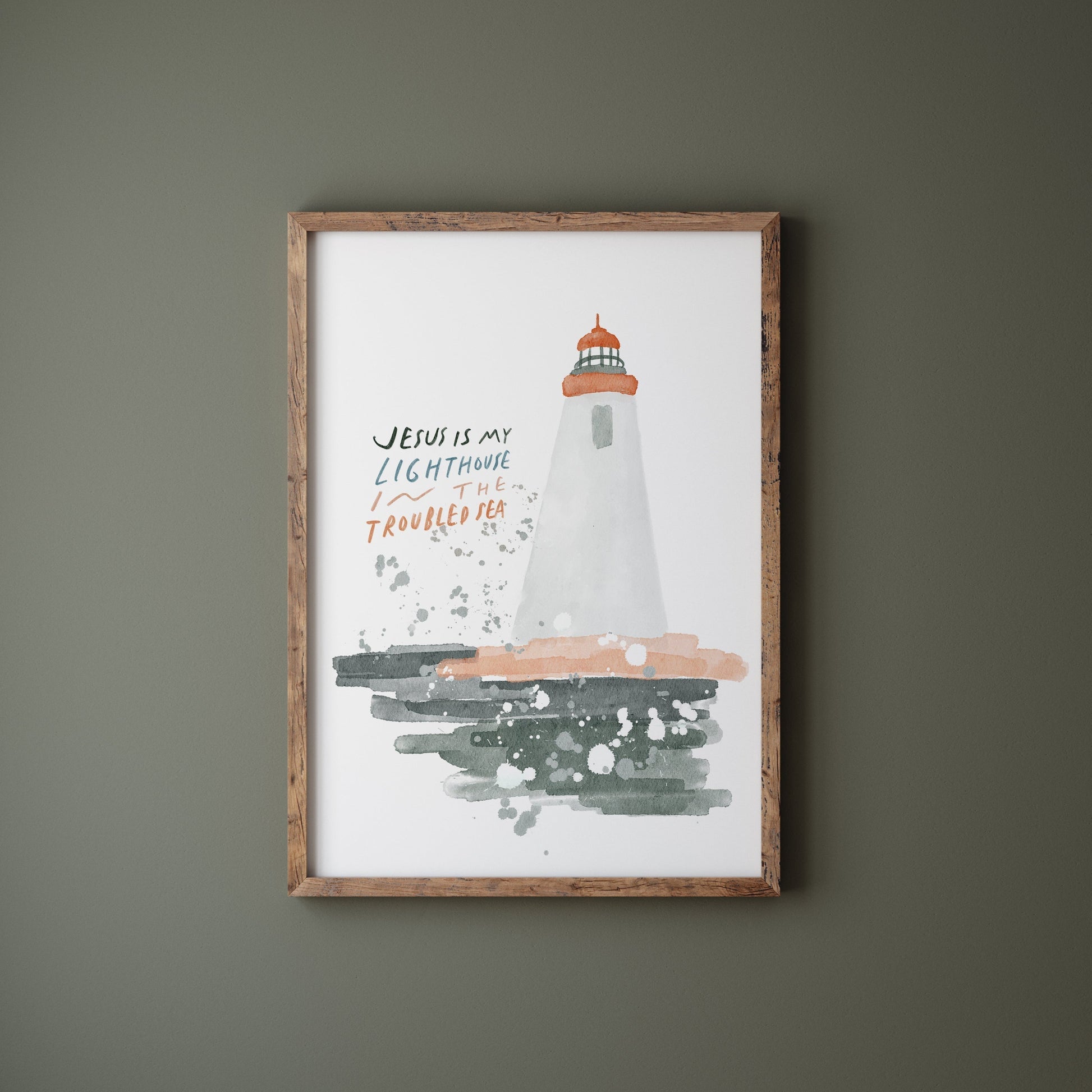 Modern Christian Art - Watercolor Lighthouse Art "Jesus My Lighthouse"