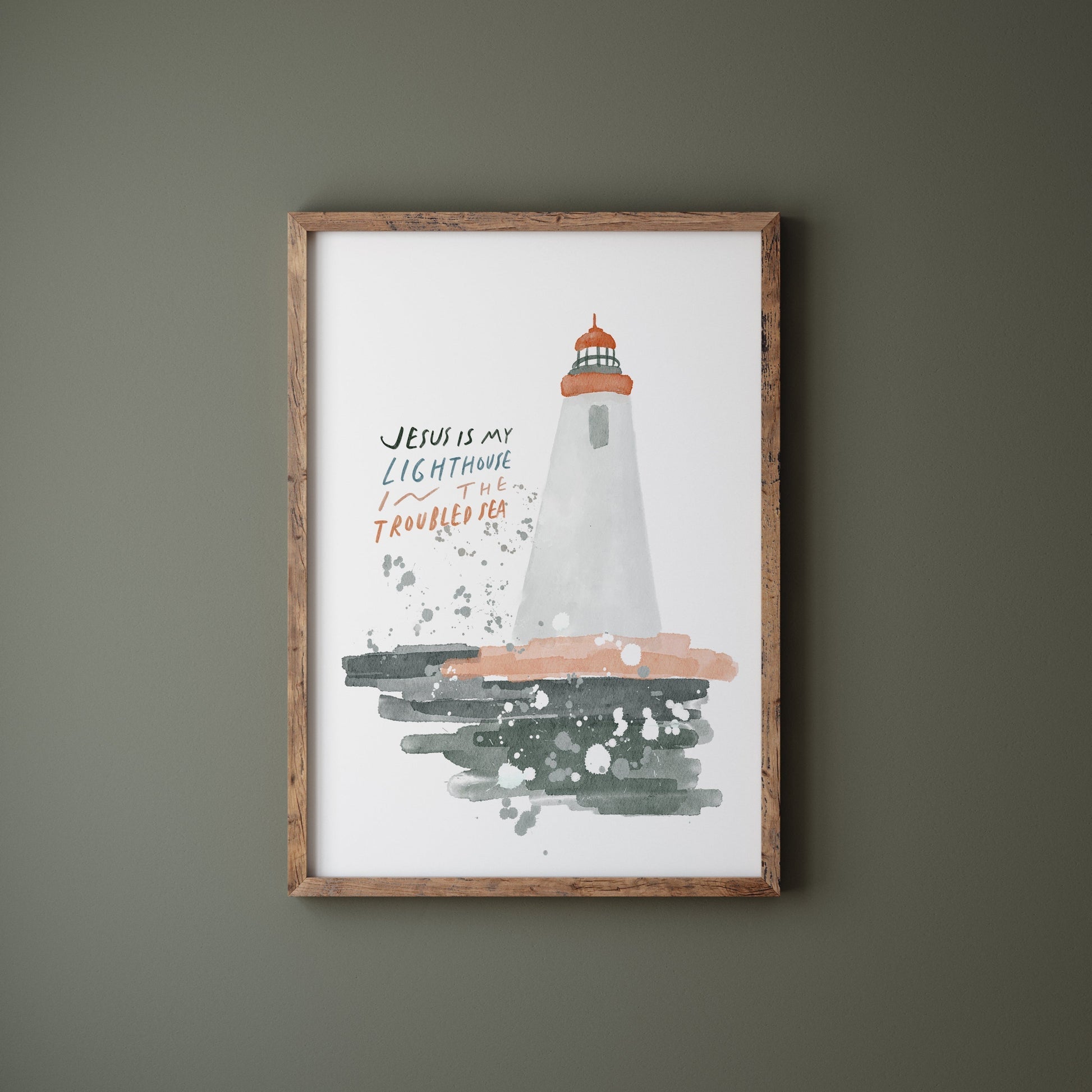 Modern Christian Art - Watercolor Lighthouse Art "Jesus My Lighthouse"