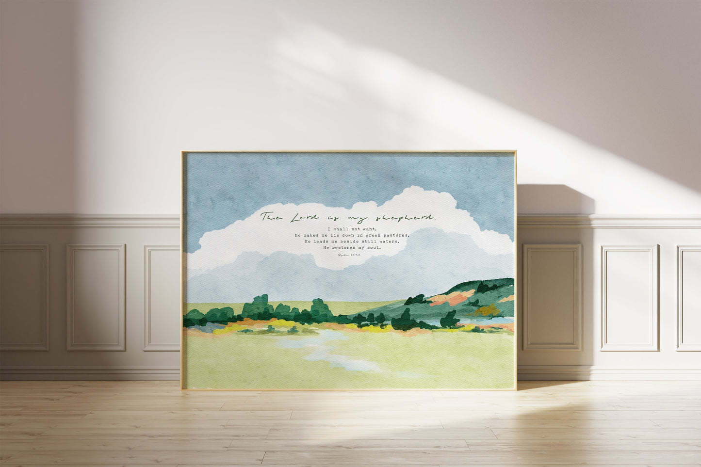 Modern Christian Wall Art - Psalm 23 with Watercolor Landscape