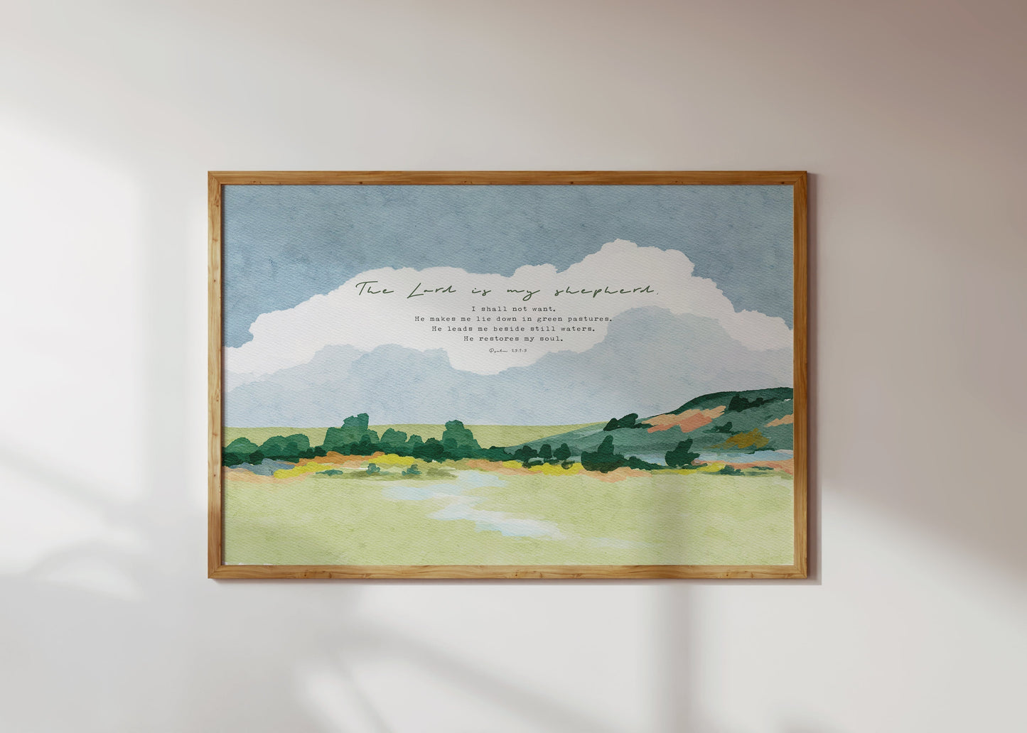 Modern Christian Wall Art - Psalm 23 with Watercolor Landscape