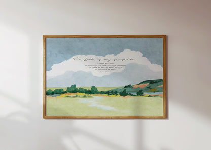 Modern Christian Wall Art - Psalm 23 with Watercolor Landscape