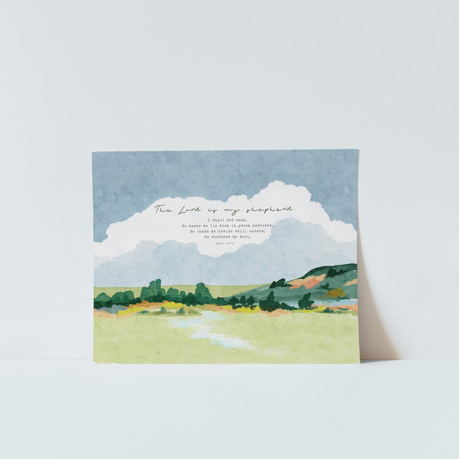 Modern Christian Wall Art - Psalm 23 with Watercolor Landscape