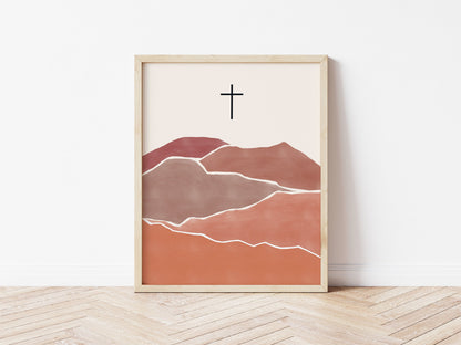 Modern Minimalist Christian Art - Cross on Mountain