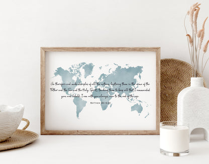 World Map Art Print with Bible Verse Matthew 28:19-20