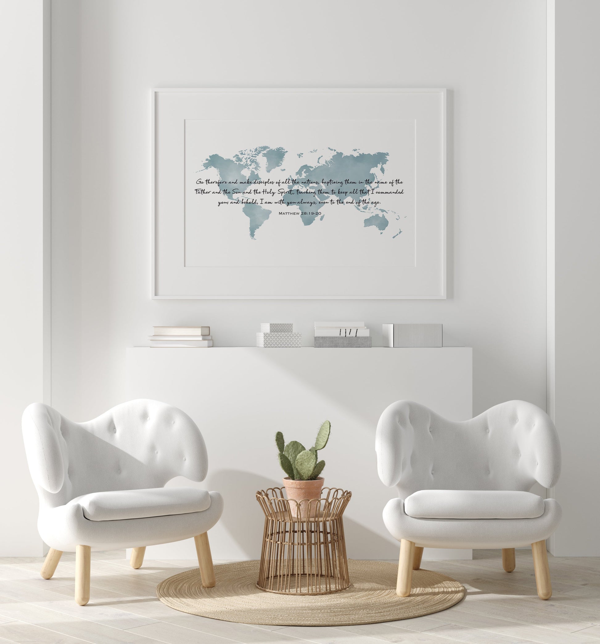 World Map Art Print with Bible Verse Matthew 28:19-20