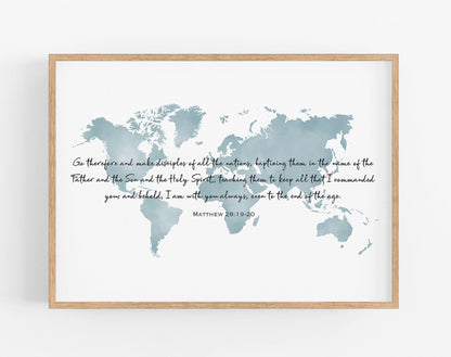 World Map Art Print with Bible Verse Matthew 28:19-20