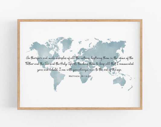 World Map Art Print with Bible Verse Matthew 28:19-20