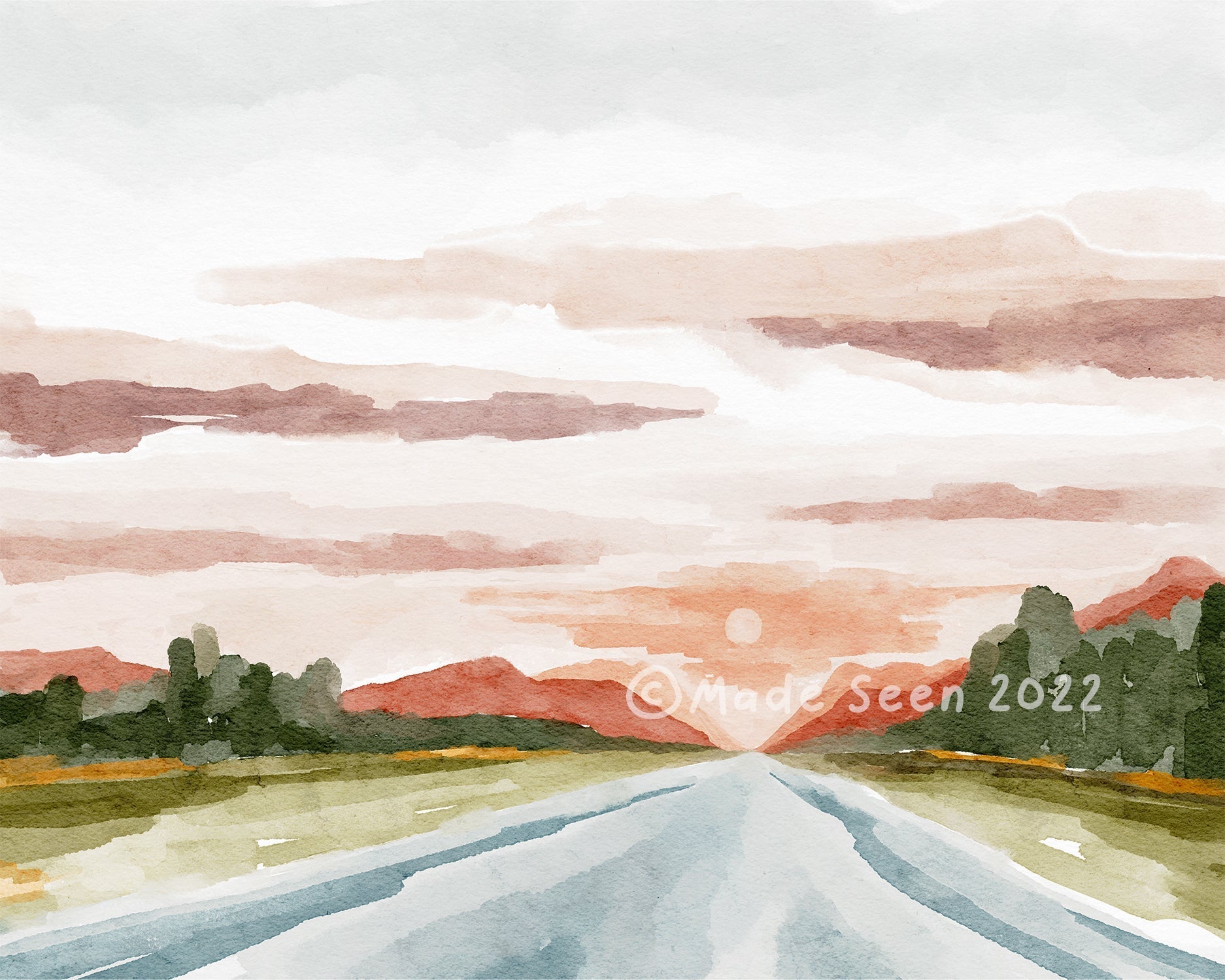 Sunset Landscape Watercolor Painting